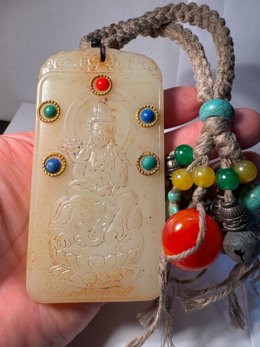 Rare China Tibetan Natural Old Jade KWAN-YIN Blessing Pendant Inlaid Dzi Beads